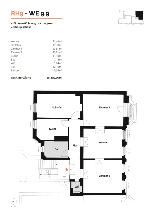 Liebevoll sanierte 4 Zimmer Wohnung mit Balkon in den Riehmers Hofgärten - Kreuzberg - Grundriss